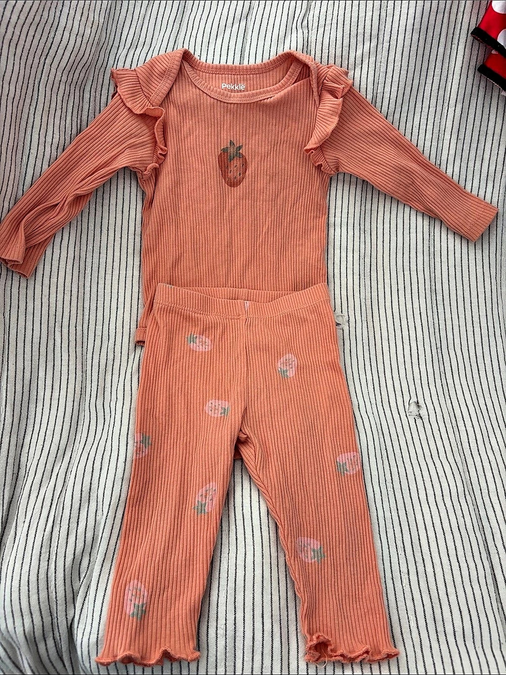 2 Pekkle Ribbed Strawberry Long Sleeve Top and Leggings Sets